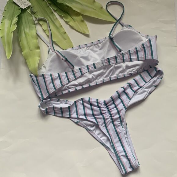 🌟SUMMER Mae Vertical Stripes Bandeau Top Brazilian Thong Bikini Set🌟 - Picture 3 of 4